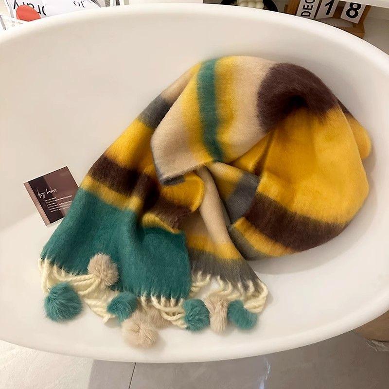 Vinter Dopamin Regnbågsrandig Tjock Varm Borstad Frans Pälsboll Scarf