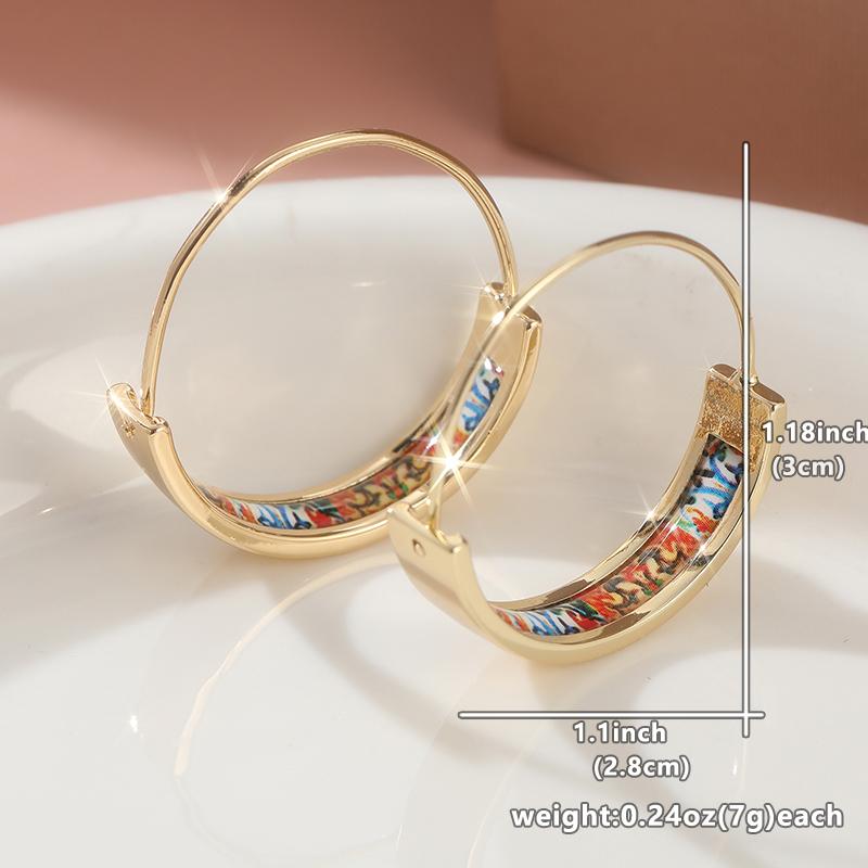 Exquisite  Gold Color Metal Round Geometry Paste Enamel Pattern Hoop Earrings for Women Jewelry