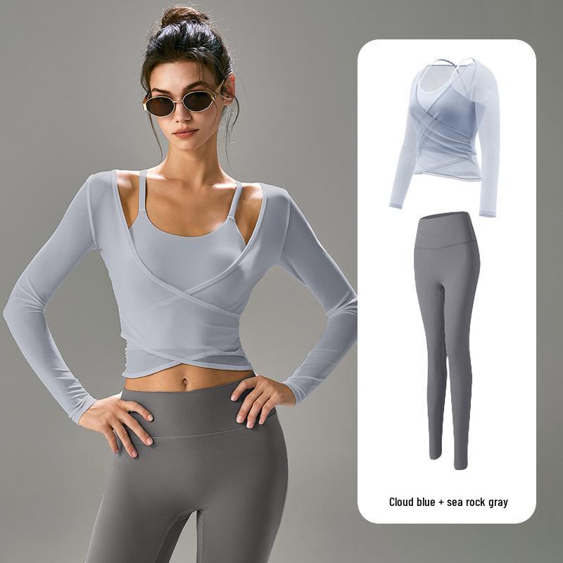 Women's Professional Yoga Set: Long Sleeve, Waist-Cinching, Slimming Two-Piece for Pilates with Chest Pads.