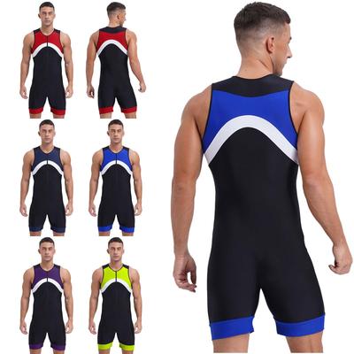Mens Sports Jumpsuit Contrast Color Sleeveless Zipper Bodysuit for Swimming Surfing Cycling Rowing Workout
