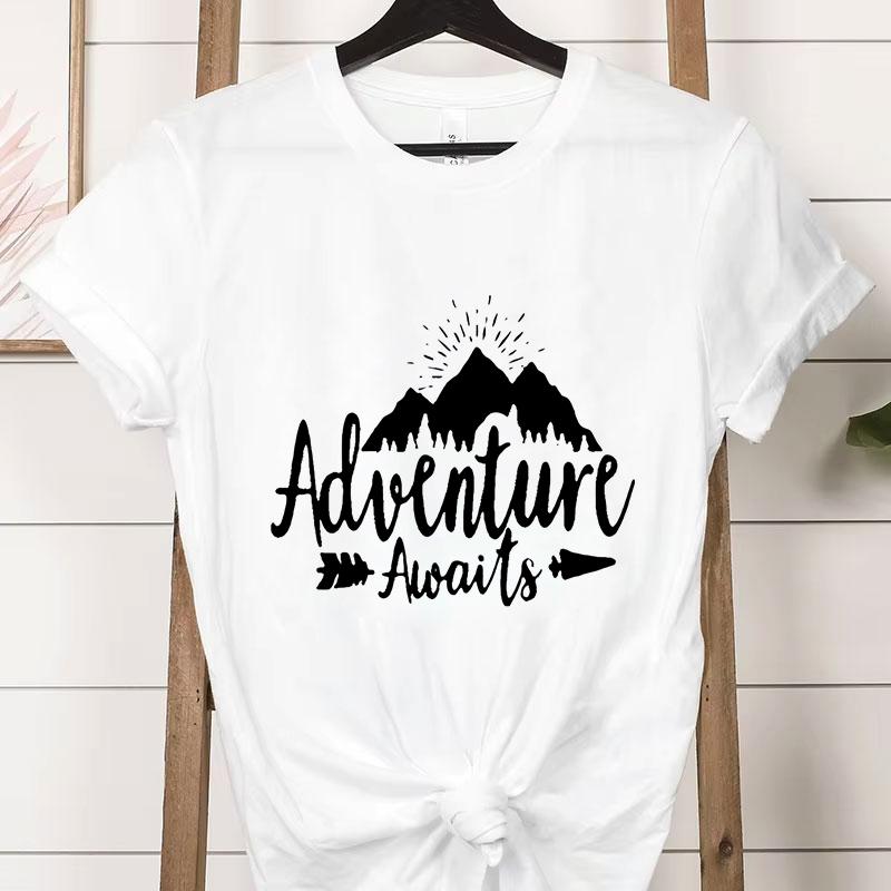 Adventure Awaits Crew Neck Short Sleeve Tshirt Women Mountain Outdoors Hiking Classic Tops Funny Camping Gifts Casual Tshirts