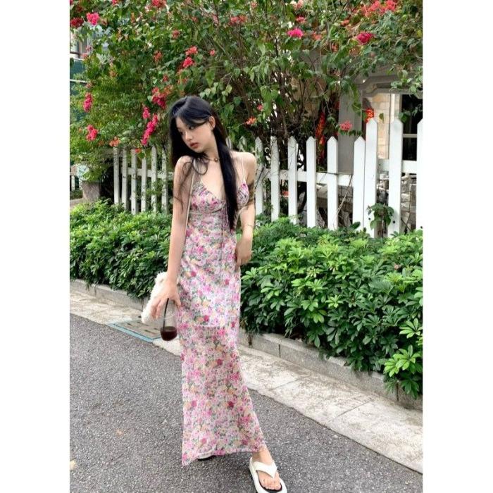French temperament floral suspender dress women s summer seaside vacation beautiful slim sexy hip-wrapped long dress S