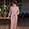 Pink Embroidered Chinese-Inspired Modern Cheongsam Dress Womens Slim Fit Long Sleeve Vintage Style