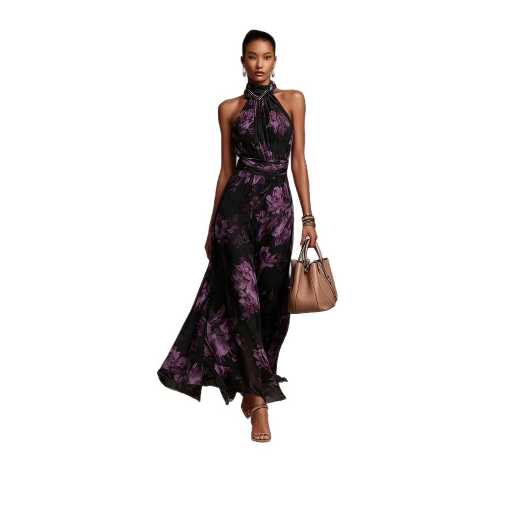 New European and American Style Independent Station Neck Printing Chiffon Long Dress Holiday Style Waist Thin Pleated Dress