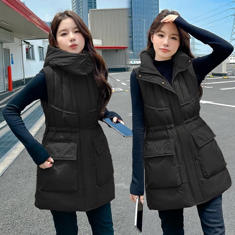 Women's down cotton medium and long cotton vest outer wear cotton vest loose warm waist drawstring vest