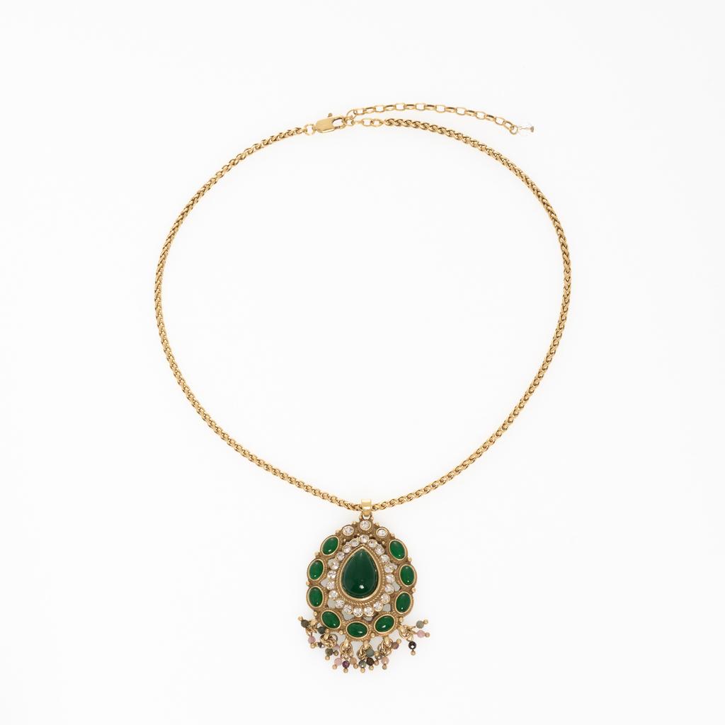 Vintage Color Fringed Pendant Copper Alloy Gold-Plated Green Necklace Earrings Niche Designer Women'S Models