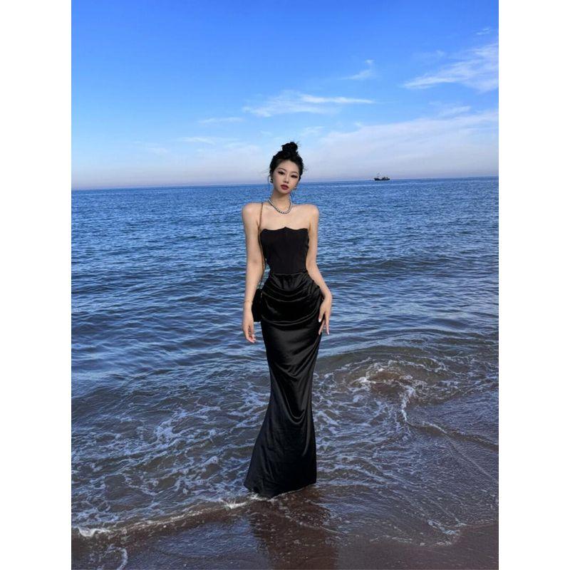 

1R Studio Fashion Sexy Tube Top Dress Female Fancy Satin Pleated Patchwork Formal Dress Summer Black Tube Top Maxi Dress S