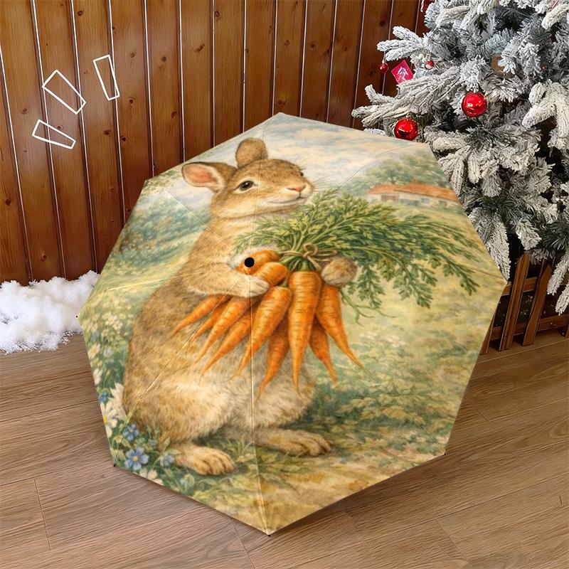 1PC Rabbit Carrots Garden Scene Automatic Umbrella - Suitable Travel Outdoor Portable Umbrella Birthday Gift Daily Essentials