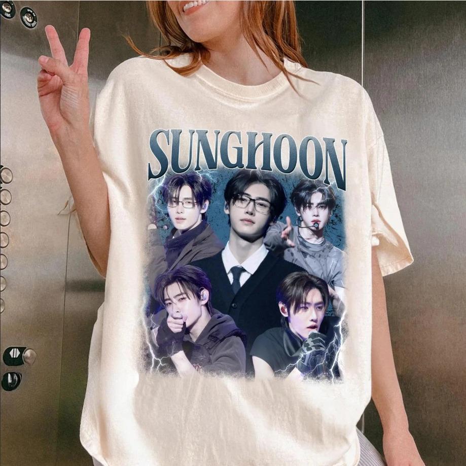 

2026 Sunghon Kpop Pattern Printed T-shirt for Women, Korean Style Top, Spring_Summer Cotton Unisex Short Sleeve T-shirt XXXL бежевий
