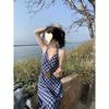 Temperament contrasting color plaid neck suspender skirt women's summer retro high-end dress, thin A-shaped long dress