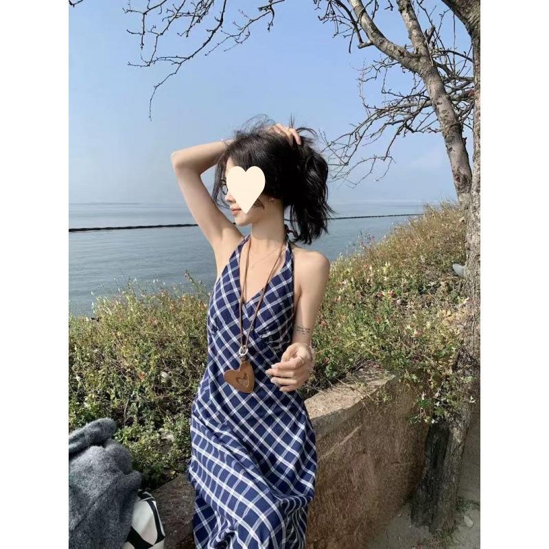 Temperament contrasting color plaid neck suspender skirt women's summer retro high-end dress, thin A-shaped long dress