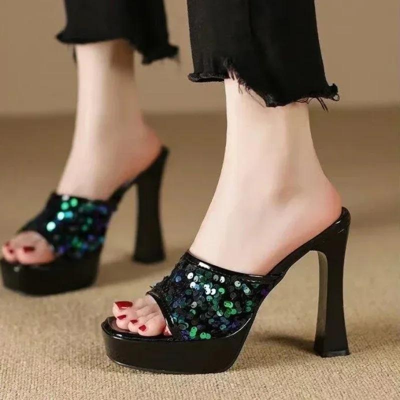 Transparent Platform Crystal Sandals 2025 Summer New Sequin Women Shoes Mules Peep Toe High Heels 11CM Thin High Heeled Slippers