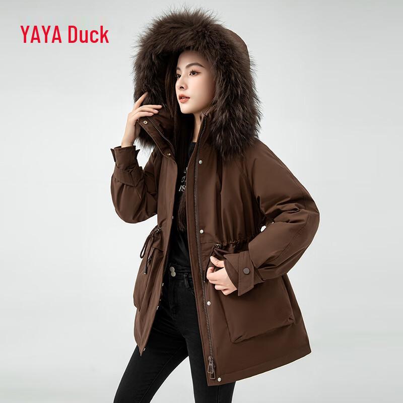 YAYA 2024 Women's Mid-Length Down Jacket with Fur Collar Hood