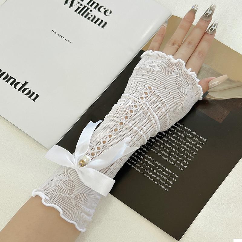 Elegant Sweet Long Bow Fingerless Gloves Women Elastic Ruffle Decorative Sleeves Outdoor Sun Protection Wrist Arm Cover