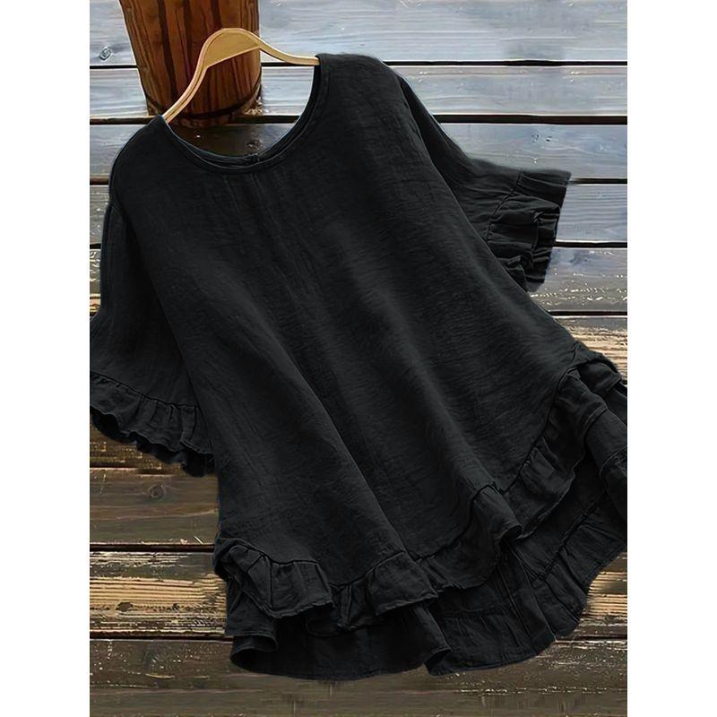 Loose Ruffled Short-Sleeve Top Solid Loose Ruffle Sleeve Short Sleeve Button Top