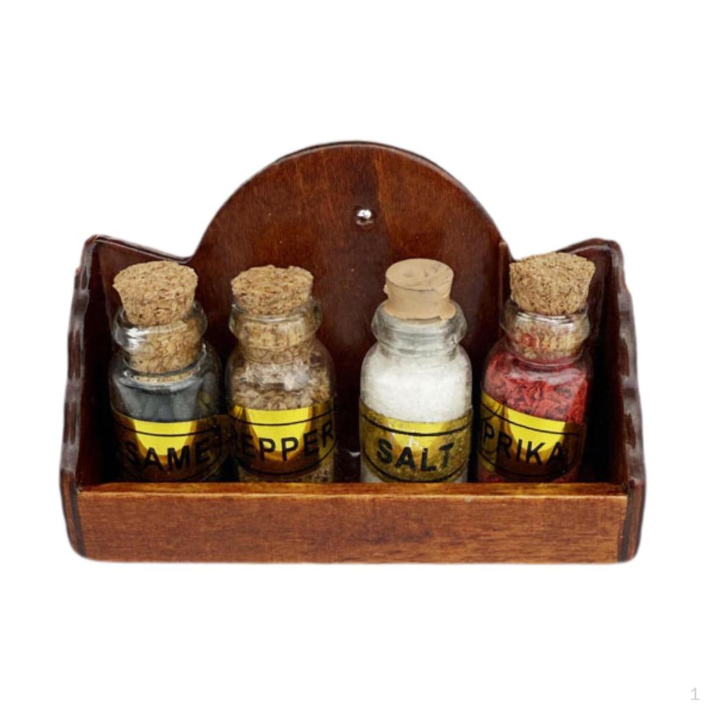 Wood Wall Hanging Rack with 4 Condiment Jars Simulation 1:12 Scale Miniature Furniture Kitchen