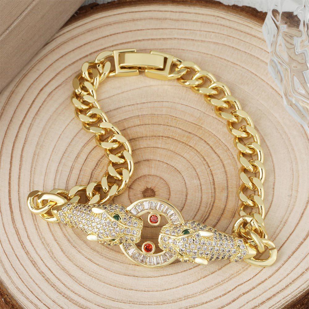 Fashionable Stone Double Leopard Head Cuban Bracelet Niche Hip-hop Jewelry