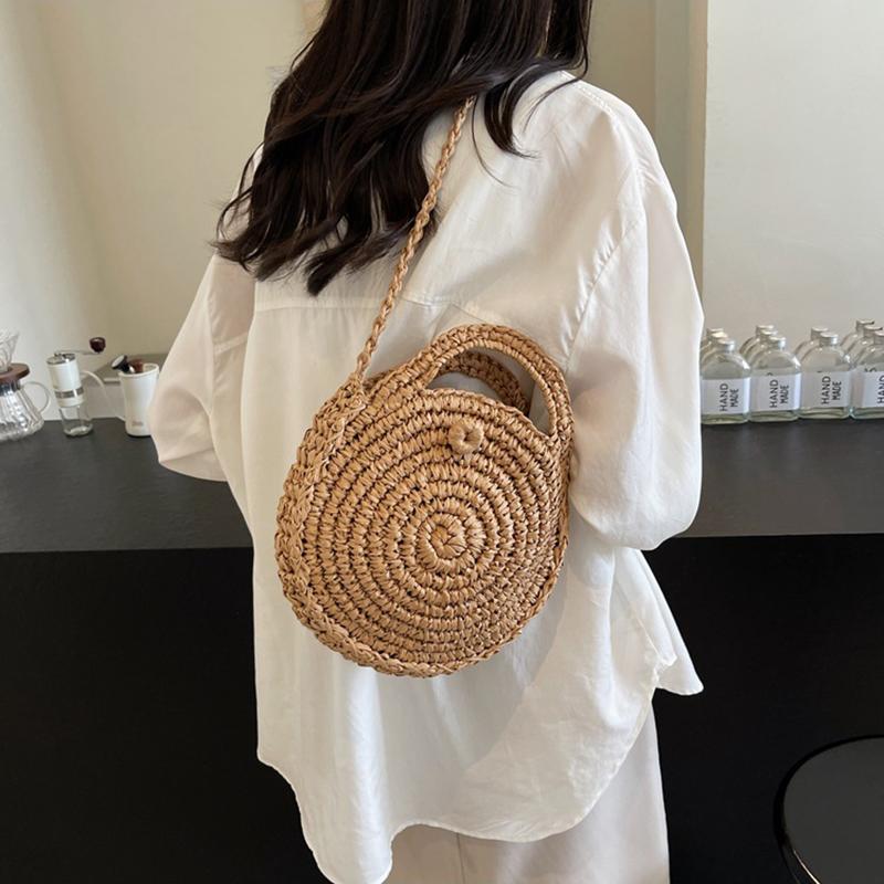 Runde Umhängetasche aus Stroh, handgefertigt, gewebte Schultertasche für Damen, Sommer-Strandtasche, Bohemia-Reisetasche, kleine Handtasche und Geldbörse