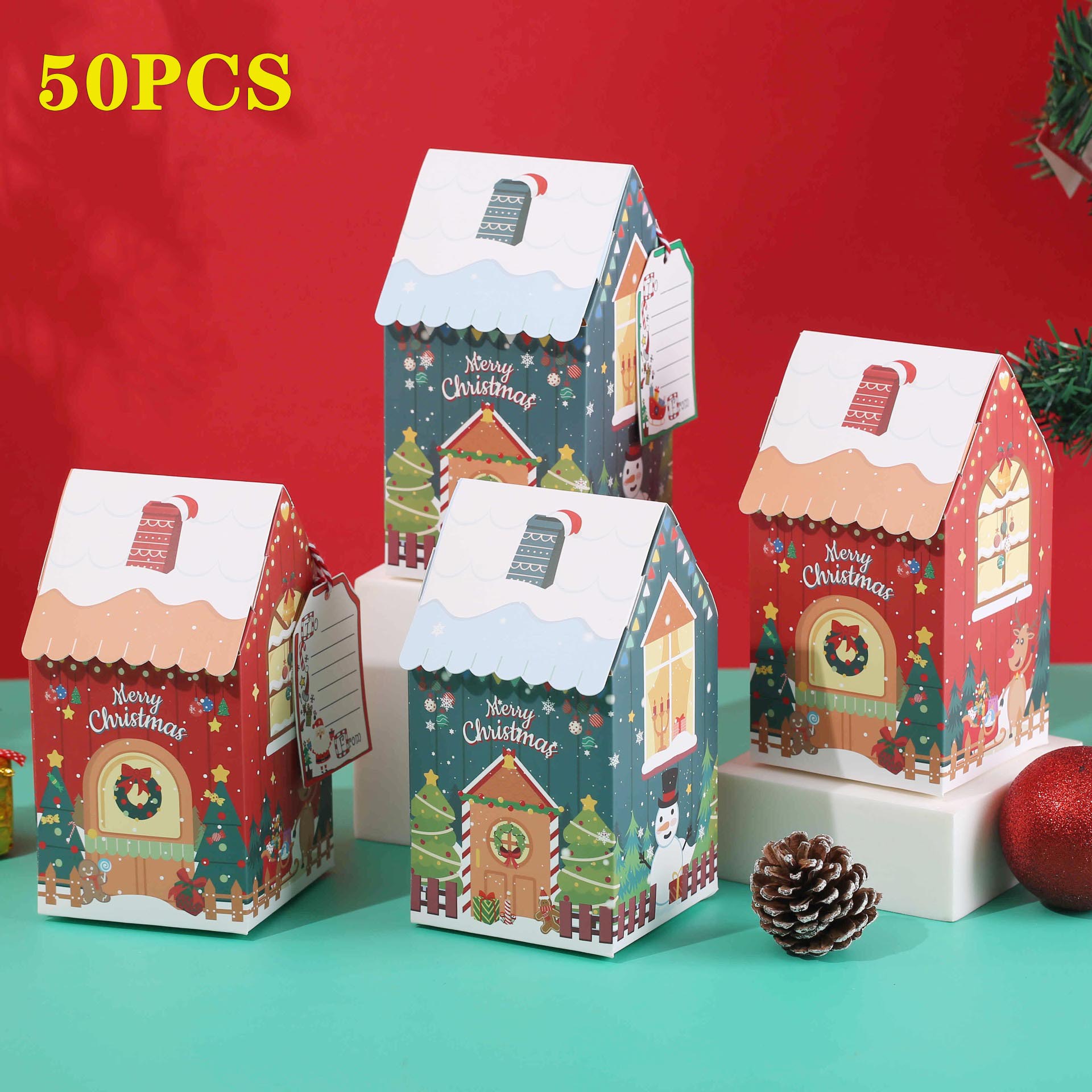 

50PCS Colorful Christmas Candy Box Snowman Gingerbread House Little House Candy Cookie Boxes Bow Wrap Boxes Gift Colorful Boxes 5PCS красный