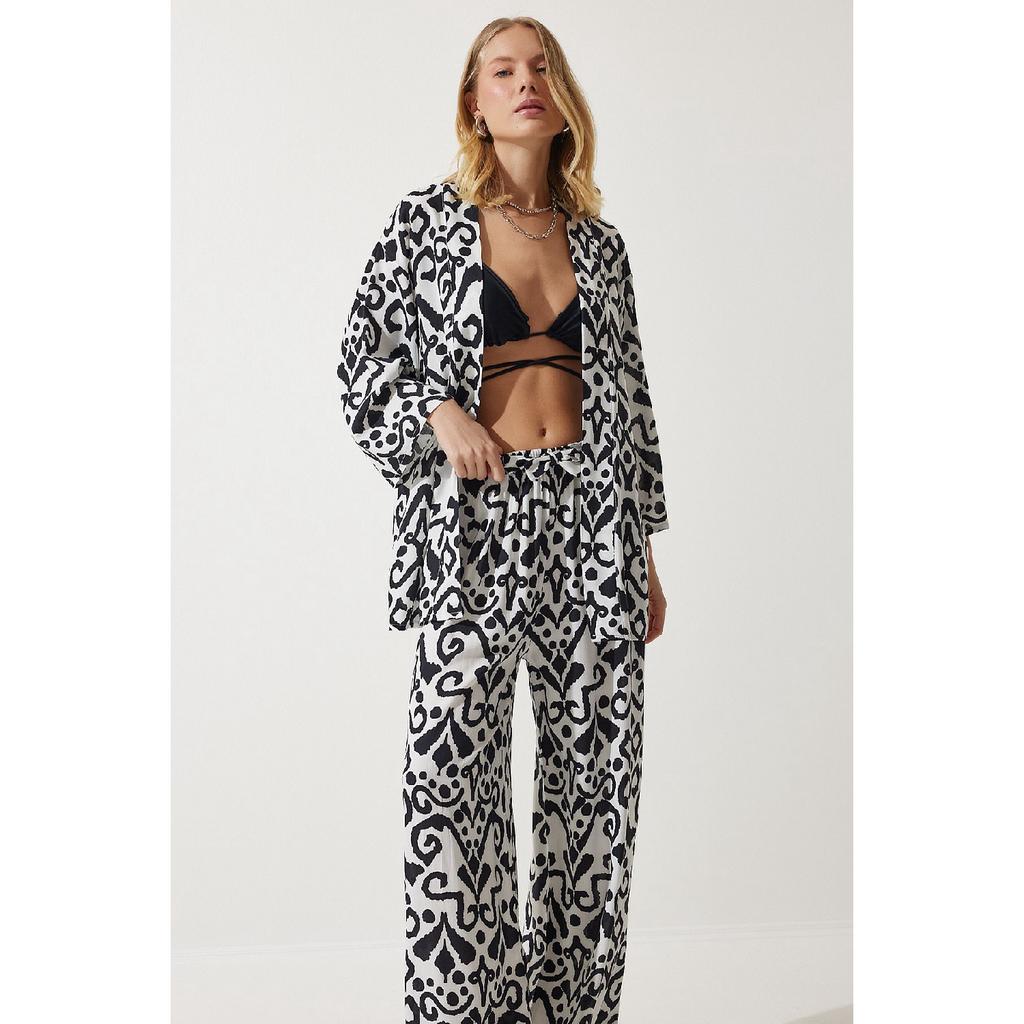 Zestaw damskich spodni kimono palazzo w kolorze pomarańczowym, wzorzystym En00614