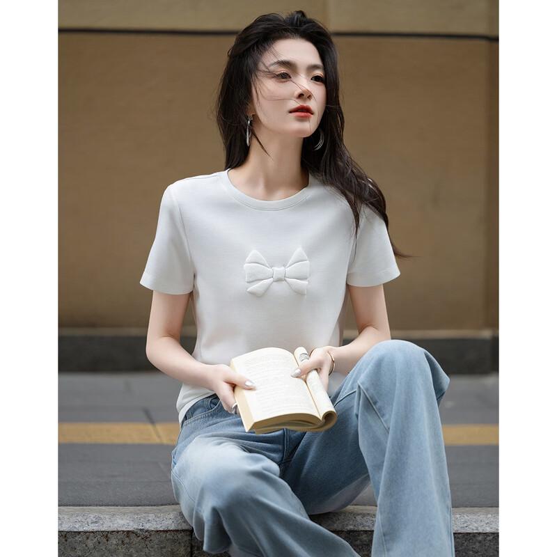 Demana Women s Bowknot Foam Print Air Layer Short Sleeve T-Shirt