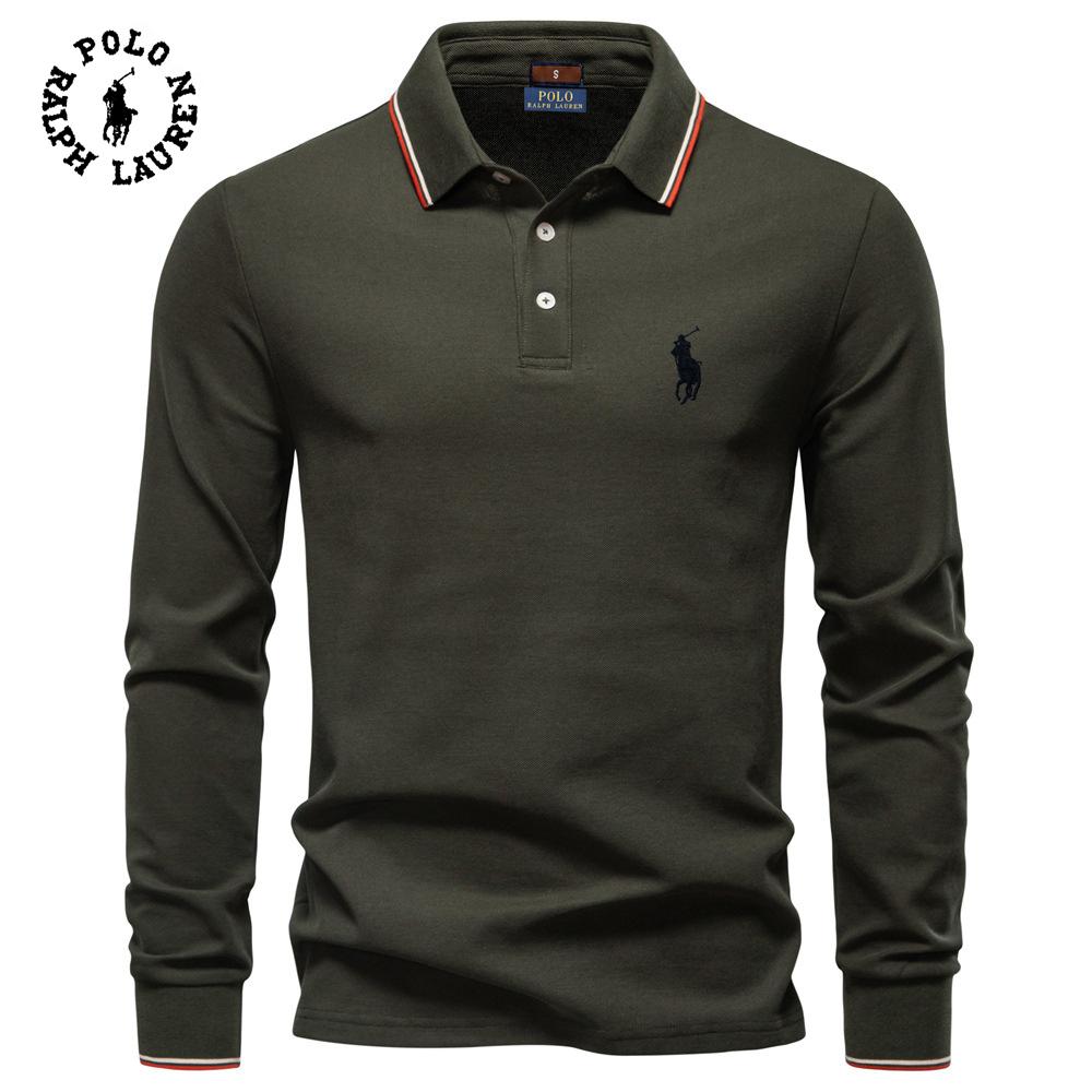 Polo Ralph Lauren 2025 Podzimní Nové Výšivky Pánské Polo tričko s dlouhým rukávem, Jednobarevný Pánský top s klopou, Všestranné Polo tričko pro muže