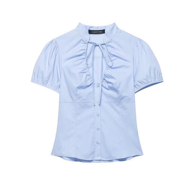 2026 Spring European & American Style Slimming Poplin Top with Bow Decoration Extra Small