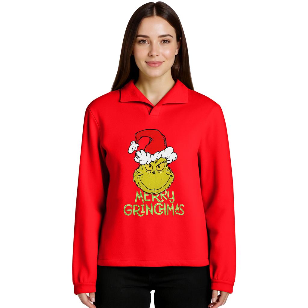 Women's Stand-up Collar Long-sleeved Pullover Top, Christmas Print Sports Top