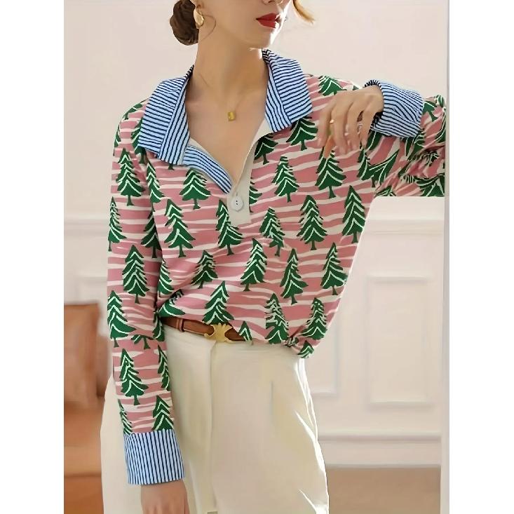 Women's Retro Christmas Pattern Blouse - Turn-Down Collar Long Sleeve, Loose Casual Silhouette, Festive Gift Tree Print Top Suitable for Fall/Winter