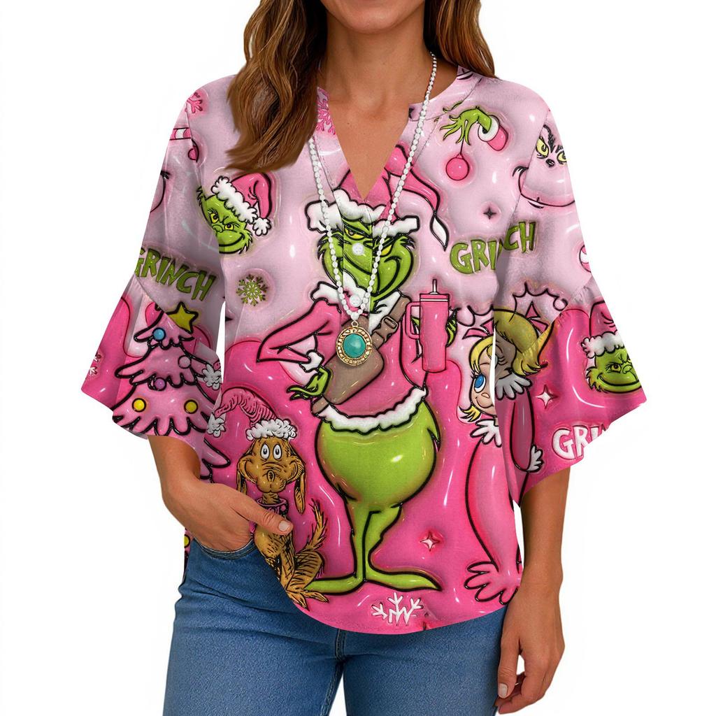 3/4 Sleeve Shirts For Women Cute Print Graphic Tees Blouses Casual Plus Size Basic Ruffled Sleeve Tops Pullover