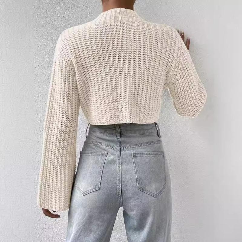 Autumn and Winter New European and American Solid Color Versatile High Waist Short Style Trumpet Sleeve Half High Collar Pullover Sweater for Women