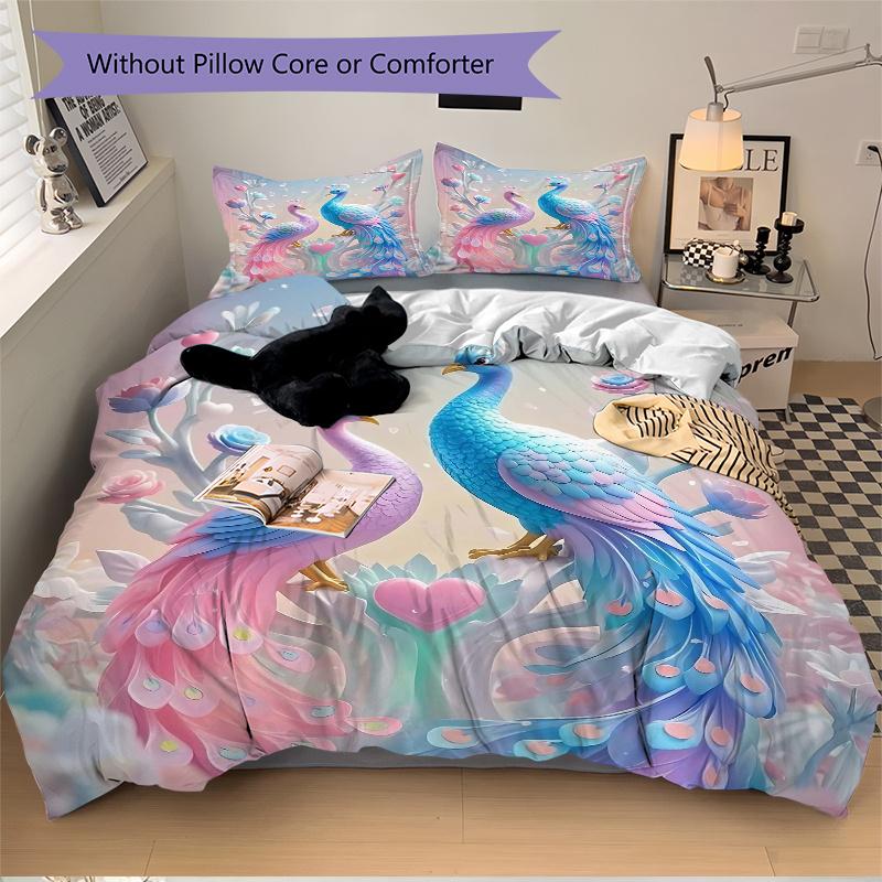 3er Set Bettwäsche mit Druck von pastellfarbenen Pfauen in einem romantischen Garten, weiche und bequeme Bettbezüge für Schlafzimmer, Gästezimmer