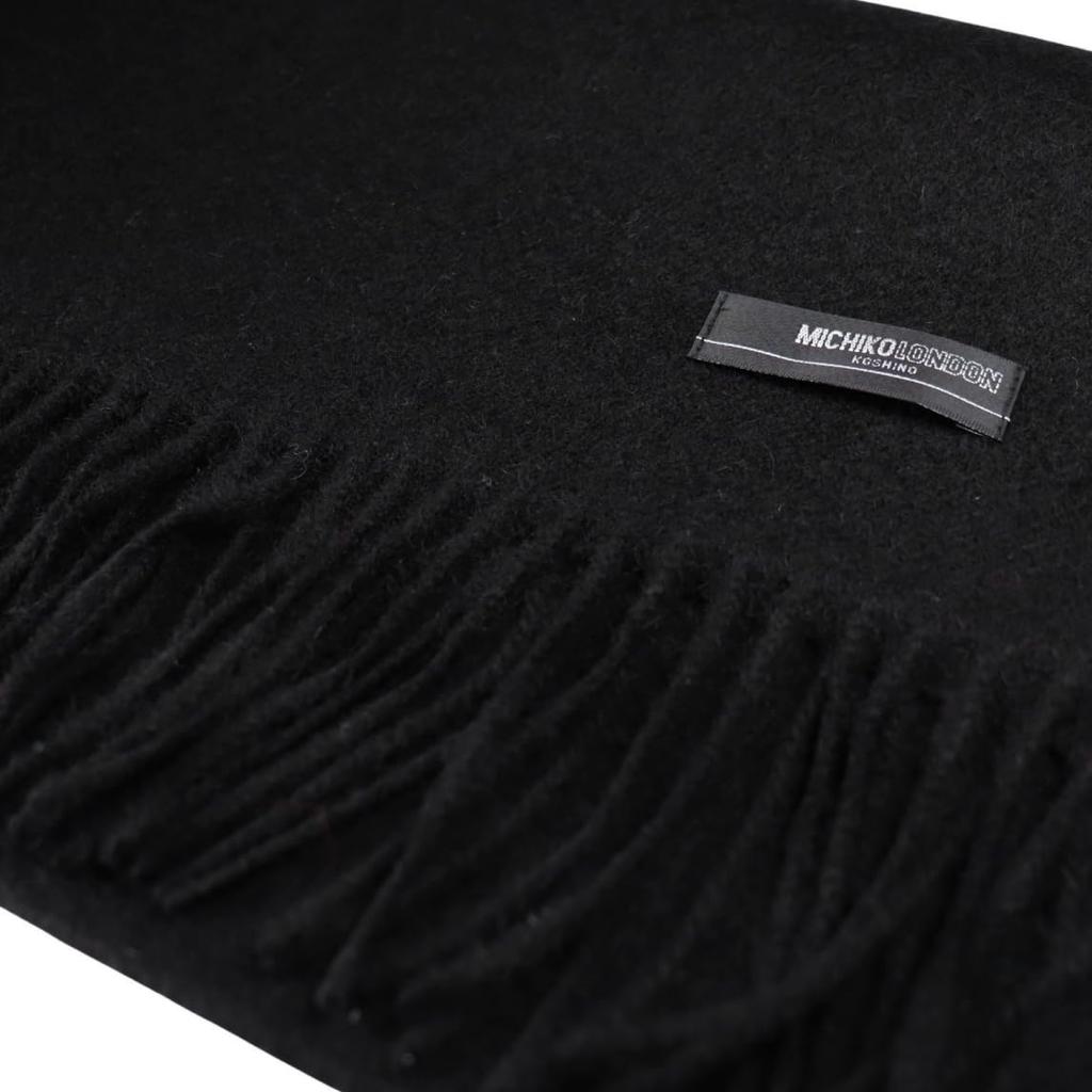 Michiko London Inner Mongolia Wool 168cm x Solid Black Scarf, Gift, Size Approx. 31cm, Tassel Approx. 8cm, MKM-001-A,