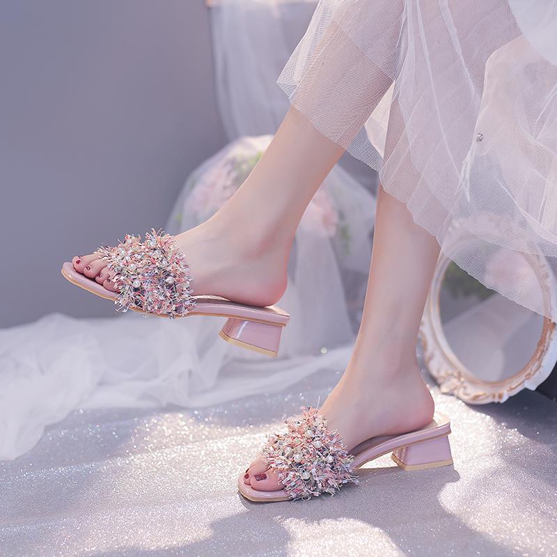Chunky Heel Slippers for Women To Wear As Outerwear In Summer, New Square Toe Open Toe Pearl Fashionable Mid-heel Sandals