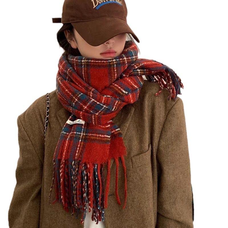 Ancola Women's Red Plaid Scarf - Cozy Autumn Winter Korean Style Imitation Cashmere Shawl.
