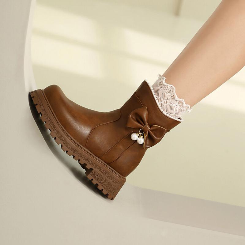 

European and American new knight boots women s round head medium heel thick sole non-slip square heel autumn and winter women s large size low boots 43 коричневый