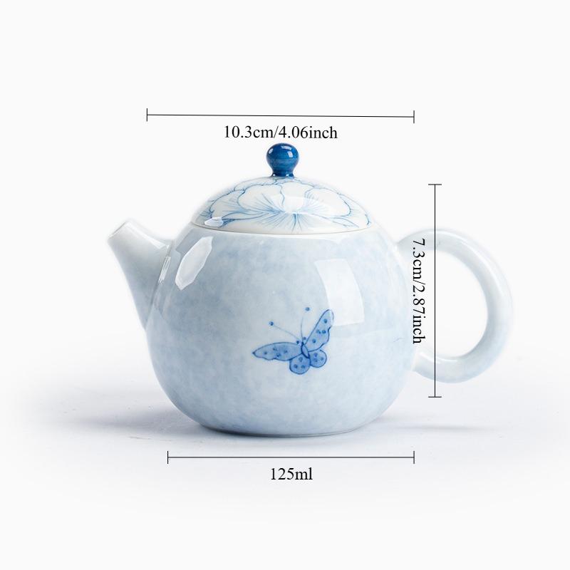 Underglaze Hand Painted Ceramic Teapot Blue Butterfly Design Ball Filter Small Kungfu Tea Set Home Office Use Chinese Style