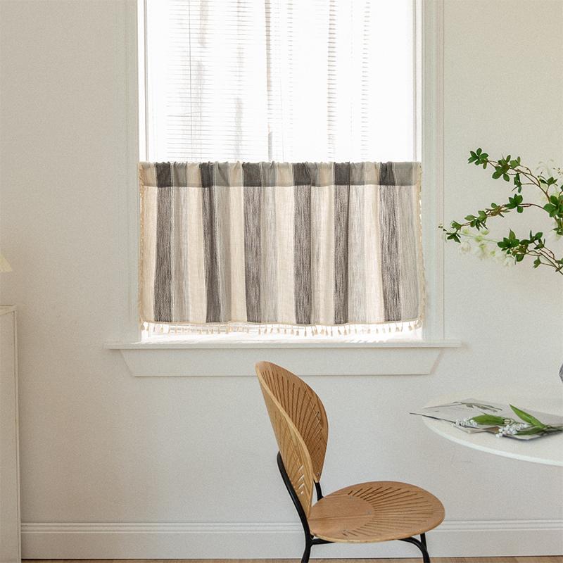 Short Cotton Curtain for Kitchen Window, Gray Stripe, Linen, Living Room, Cafe Cabinet Cover, New Half Curtain