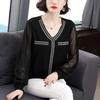 Women's Black Chiffon Spliced Knitted V-Neck Pullover: Loose-Fitting, Long-Sleeved Spring Commuter Top.