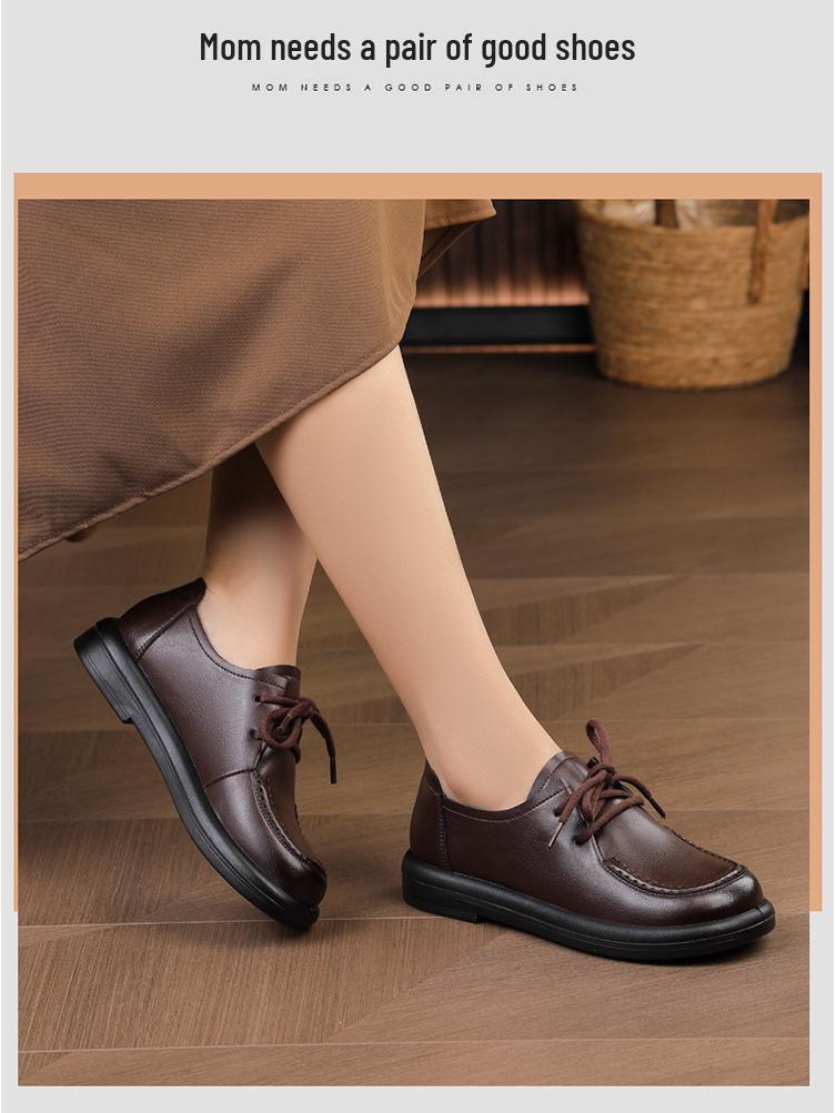 Women's Genuine Leather Soft Sole Casual Shoes - Non-slip, Comfortable, Single Shoes for Spring and Autumn.