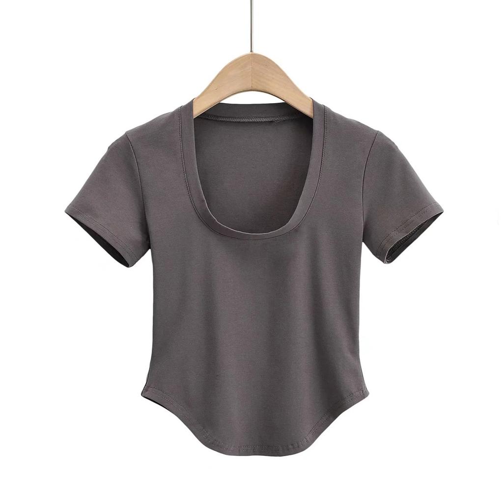 American Summer New Style Chest Revealing U-Neck Slim Fit Short Sleeved Top Sexy Slim Fit Revealing Short Curved Hem T-Shirt
