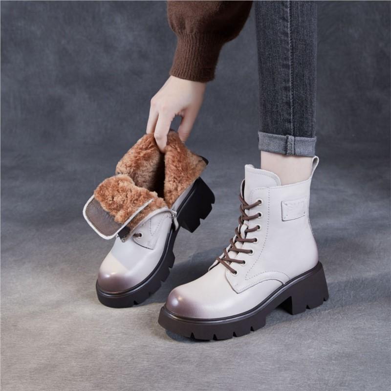 Johnature Genuine Leather Wool Short Boots Warm Snow Boots Thick Heel Thick Soled Women's Boots