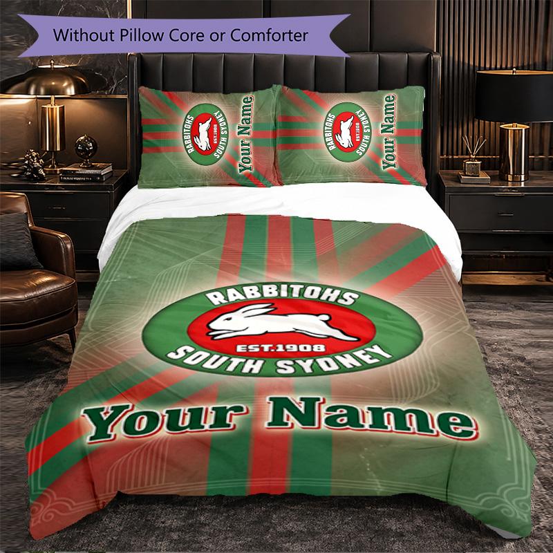 South Sydney Rabbitohs Customized Name Text Bedding Set, 1 Duvet Cover & 2 Pillowcases Personalized Bedroom Gift