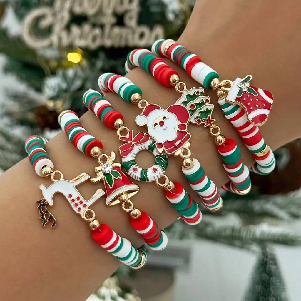 SHIXIN 6Pcs/Set Cute Santa Claus Christmas Tree Socks Elk Charm Bracelet Women Polymer Clay Beaded Bracelets New Year Jewelry