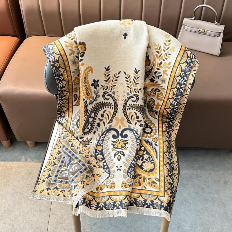 Thick Imitation Cashmere Scarf Women's Winter New Double-sided Contrasting Color Jacquard Cashew Flower Retro Shawl
