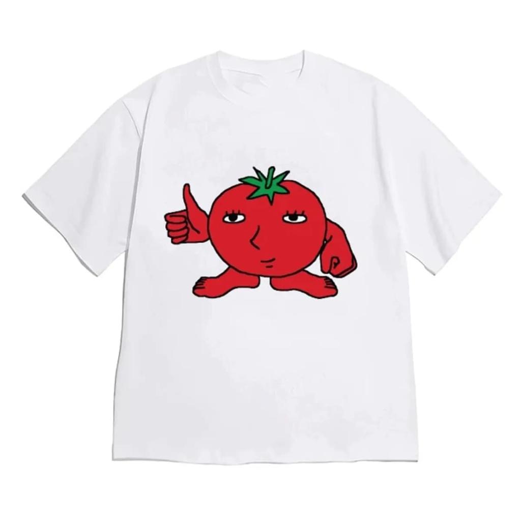 Cute Doodle Tomato Cat Korean Hangul Letter Print T Shirt Unisex Loose Cotton Short Sleeve Kawaii Aesthetic Harajuku Basic Tee