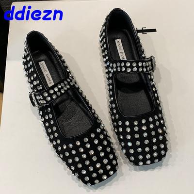 Mode Nieuwe Mode Gesp Band Mesh Dames Mary Janes Kristallen Schoenen 2025 Luxe Vrouwen Lage Schoenen Dames Platte Schoenen Met Schoenen