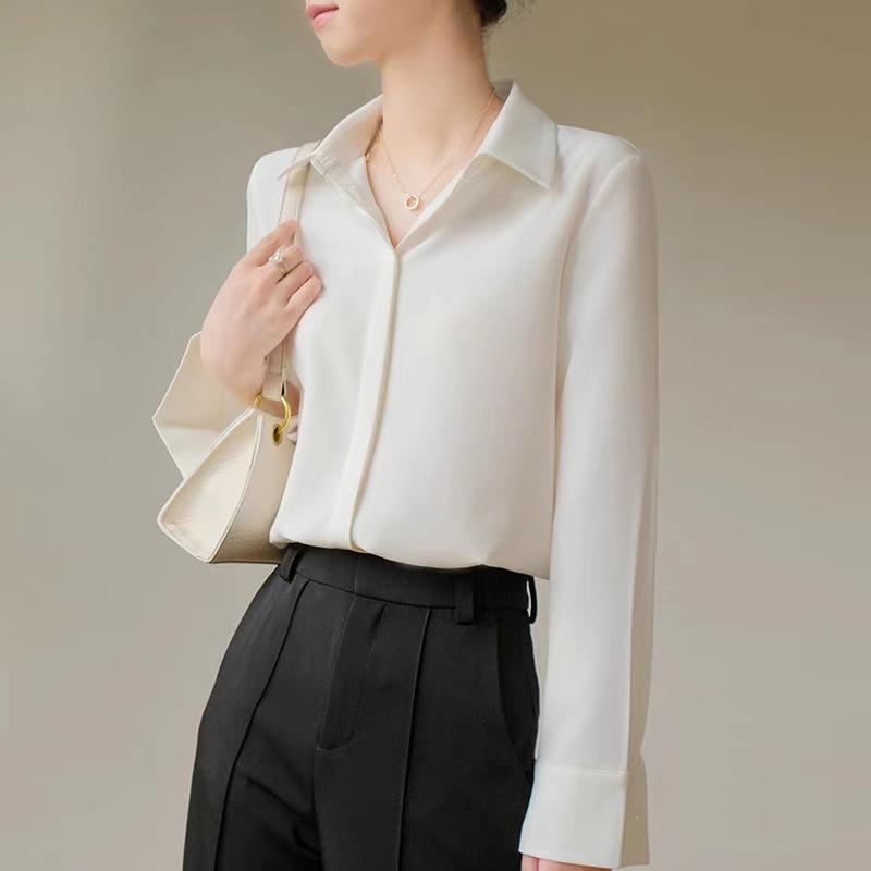 Gray-Blue Satin Women's Long-Sleeve Shirt - Retro Hong Kong Style, Three-Color Spot, Versatile Spring Fashion with Dark Placket and Elegant Drape.