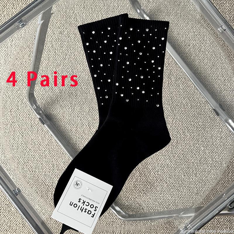 1/2/4Pairs Bright Diamond Tide Socks Diamond Luxury Rhinestone Medium Tube Women's Socks Four Seasons Fashion Cotton Hosiery