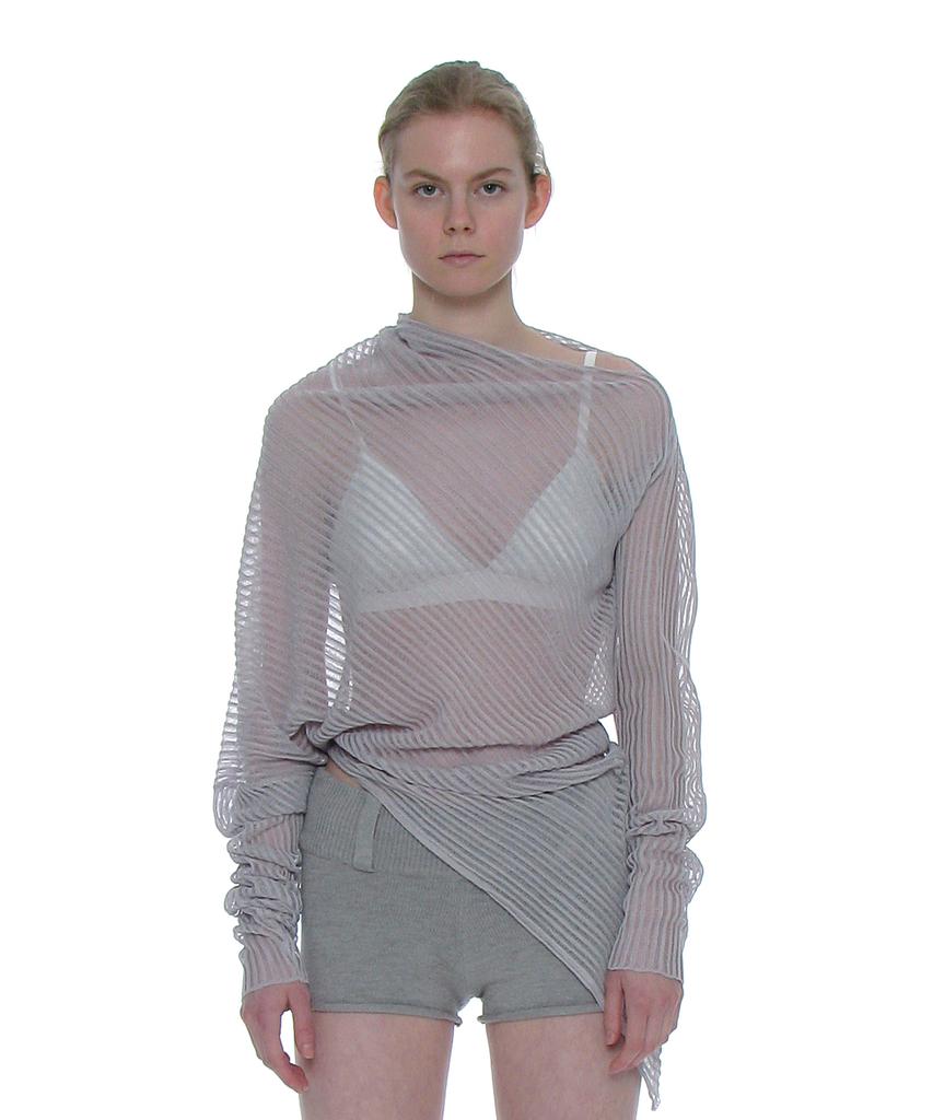 PARTIMENTO WOMEN Sheer Asymmetrical Knit Crew Neck_Light Gray